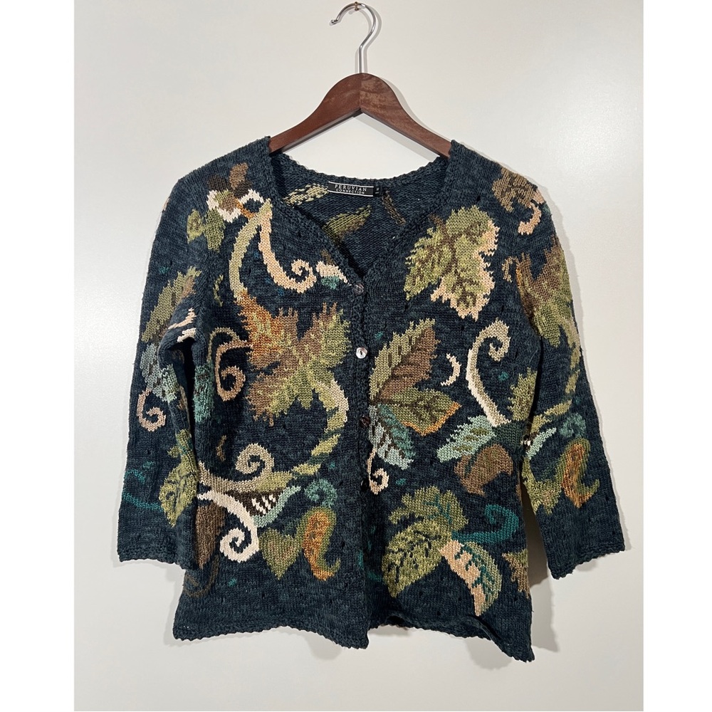Peruvian Connection Pima Cotton Cardigan Sweater with Leaf Motif Size Medium